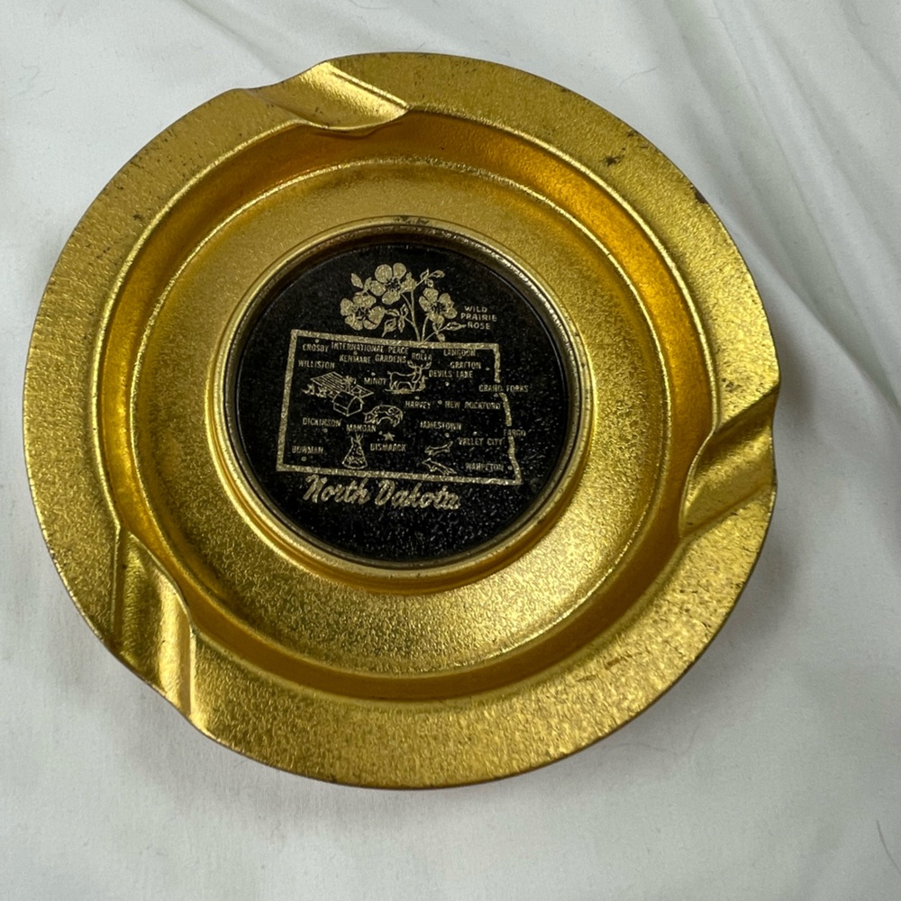 Vintage Gold Tone Metal North Dakota Ash Tray MCM